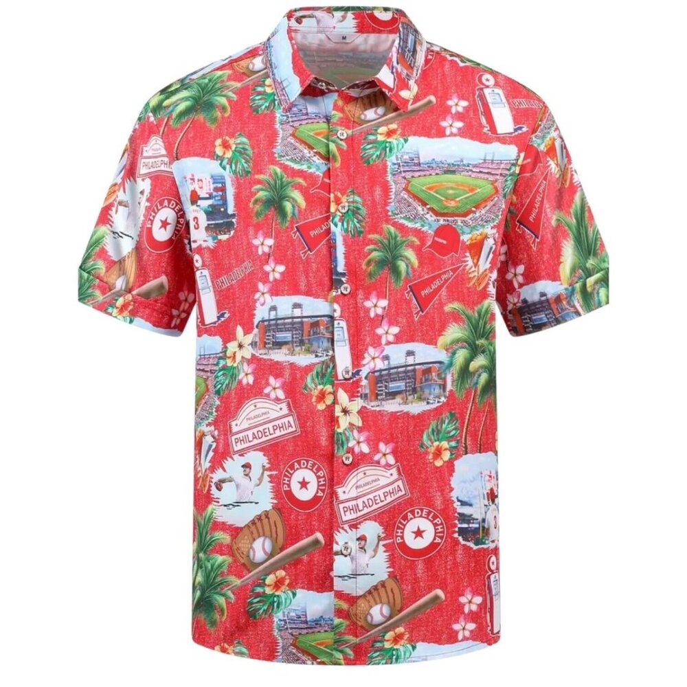 New Philadelphia Phillies Hawaiian Button Up Shirt Red Men's